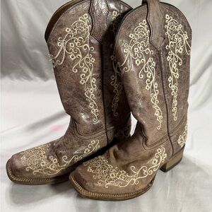 Teen Corral Brown Leather Embroidered Square Toe Western Cowgirl Boots